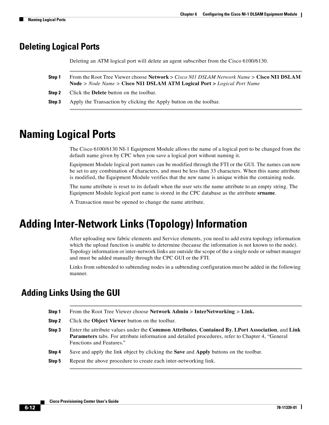 Cisco Systems NI-1 manual Naming Logical Ports, Adding Inter-Network Links Topology Information, Deleting Logical Ports 