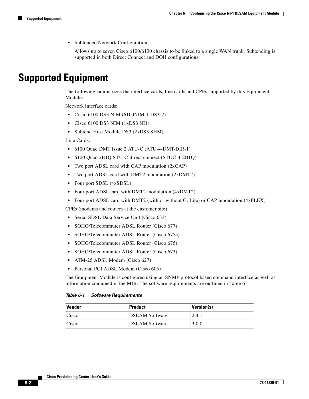 Cisco Systems NI-1 manual Supported Equipment, Vendor Product Versions 