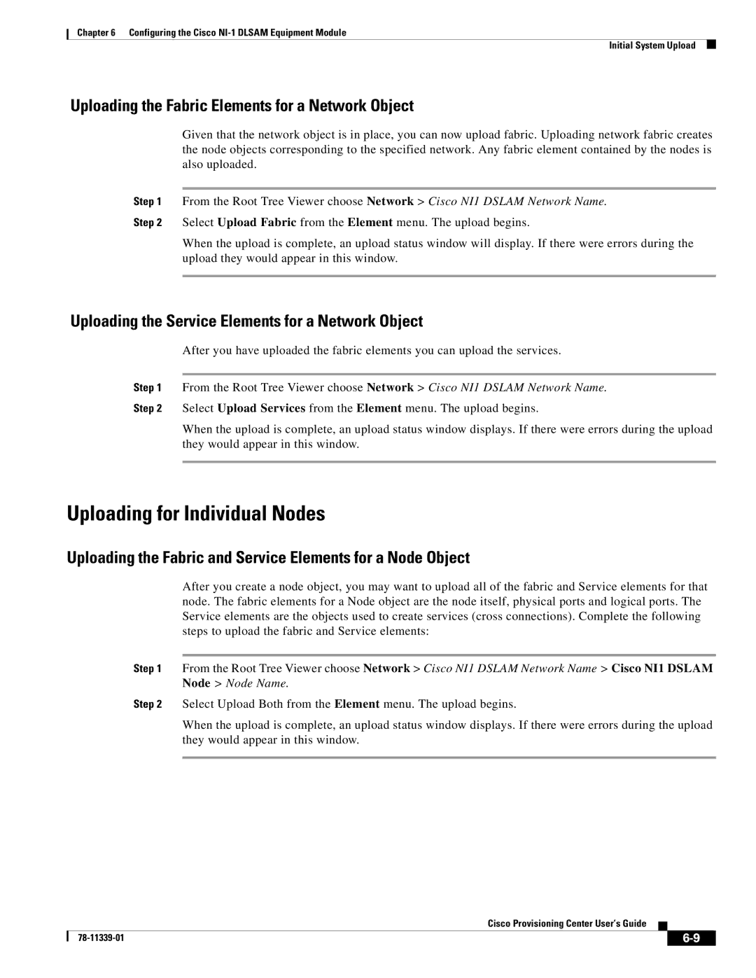 Cisco Systems NI-1 manual Uploading for Individual Nodes, Uploading the Fabric Elements for a Network Object 