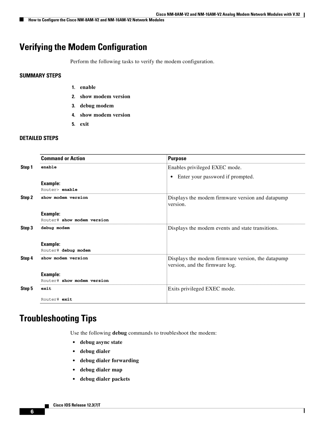 Cisco Systems NM-16AM-V2, NM-8AM-V2 manual Verifying the Modem Configuration, Troubleshooting Tips 