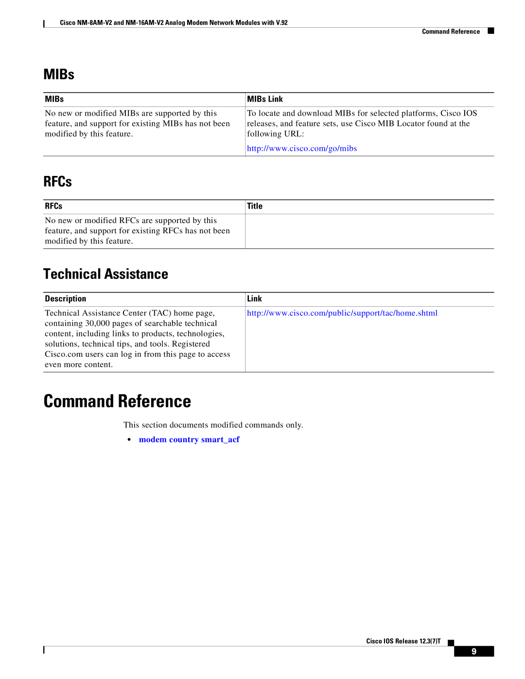 Cisco Systems NM-8AM-V2, NM-16AM-V2 manual Command Reference, MIBs, RFCs, Technical Assistance 