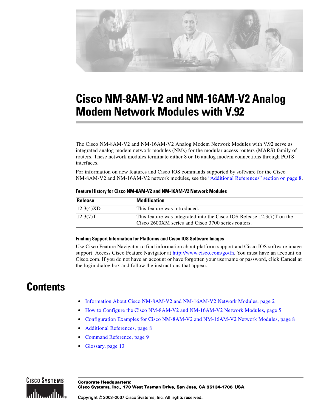Cisco Systems manual Contents, Feature History for Cisco NM-8AM-V2 and NM-16AM-V2 Network Modules, Release 