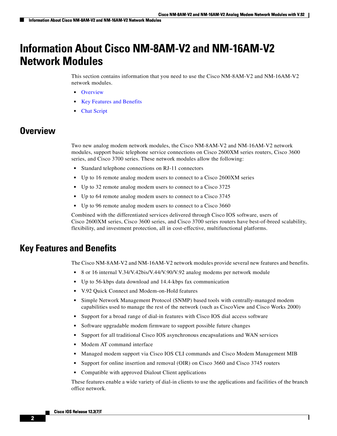 Cisco Systems Information About Cisco NM-8AM-V2 and NM-16AM-V2 Network Modules, Overview, Key Features and Benefits 
