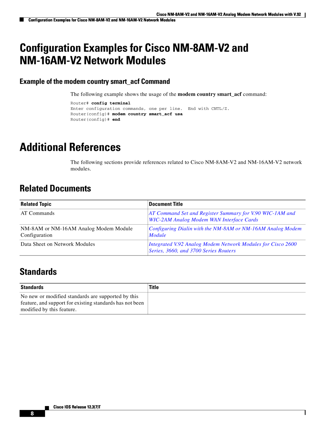 Cisco Systems NM-16AM-V2, NM-8AM-V2 Additional References, Related Documents, Standards, Related Topic, Document Title 