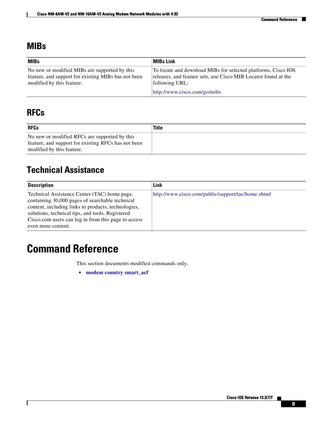 Cisco Systems NM-8AM-V2 Command Reference, RFCs, Technical Assistance, MIBs Link, Description, modem country smartacf 