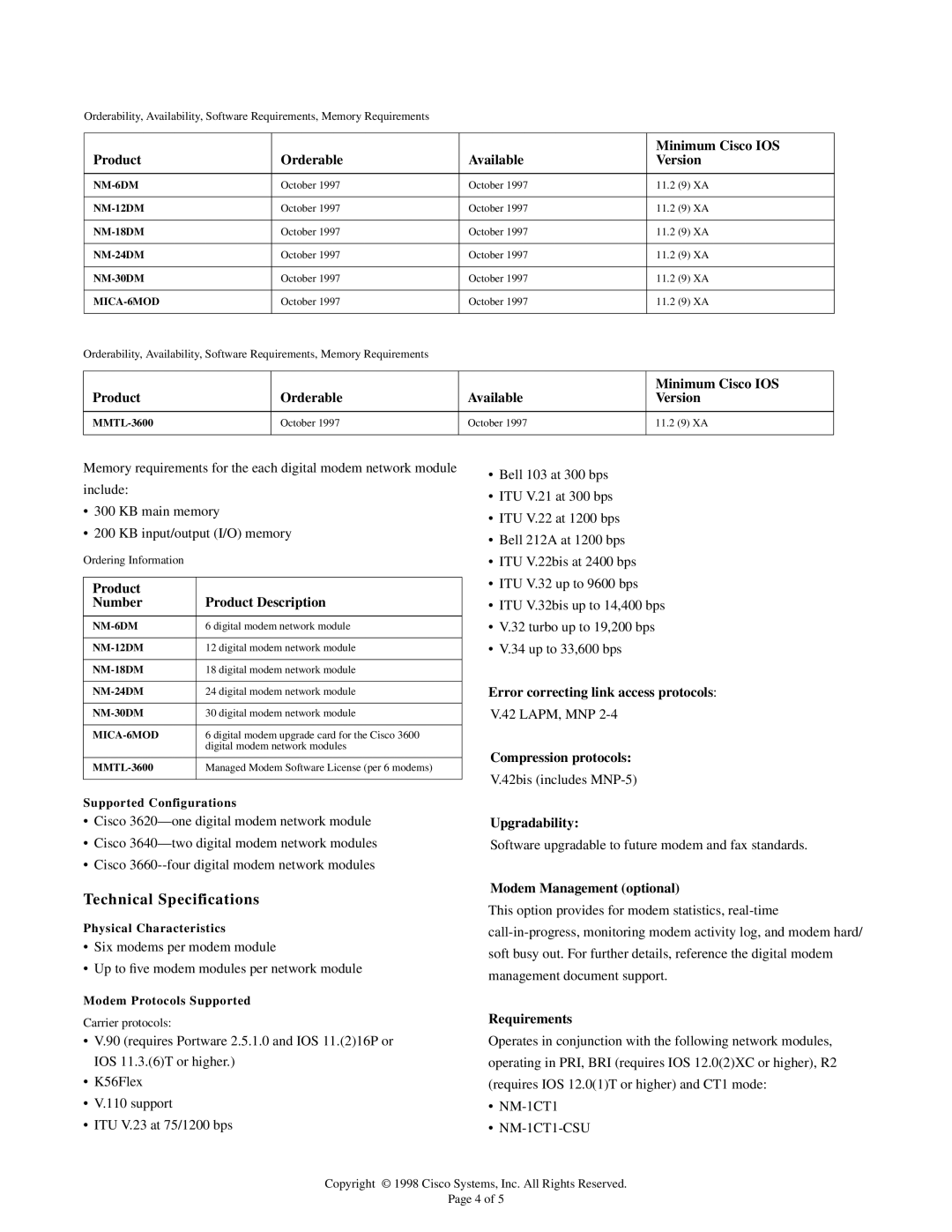 Cisco Systems NM18DM, NM24DM, NM12DM, NM30DM, MICA-6MOD, MMTL-3600 technical specifications Technical Specifications 