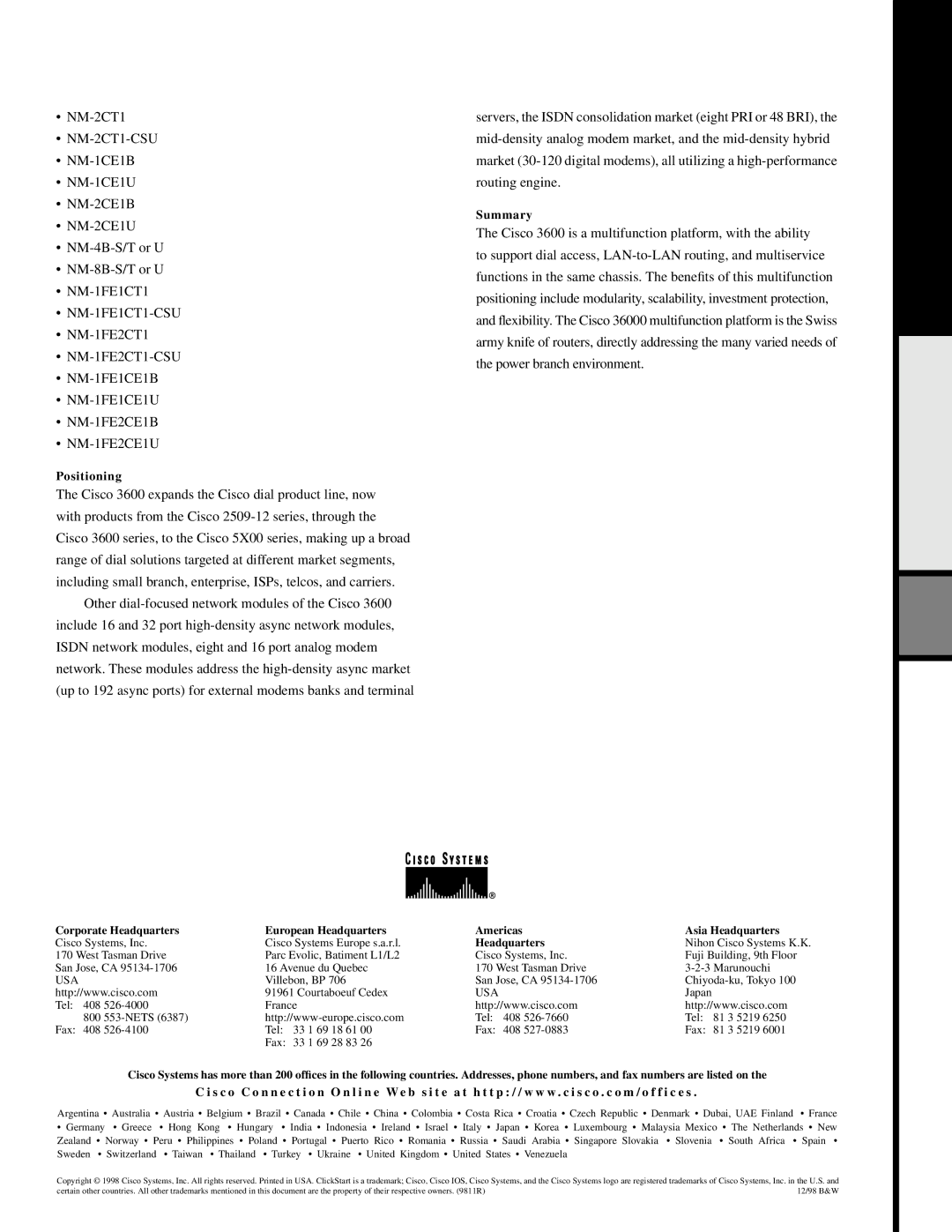 Cisco Systems MMTL-3600, NM24DM, NM12DM, NM30DM, MICA-6MOD, NM18DM technical specifications NM-2CT1-CSU 