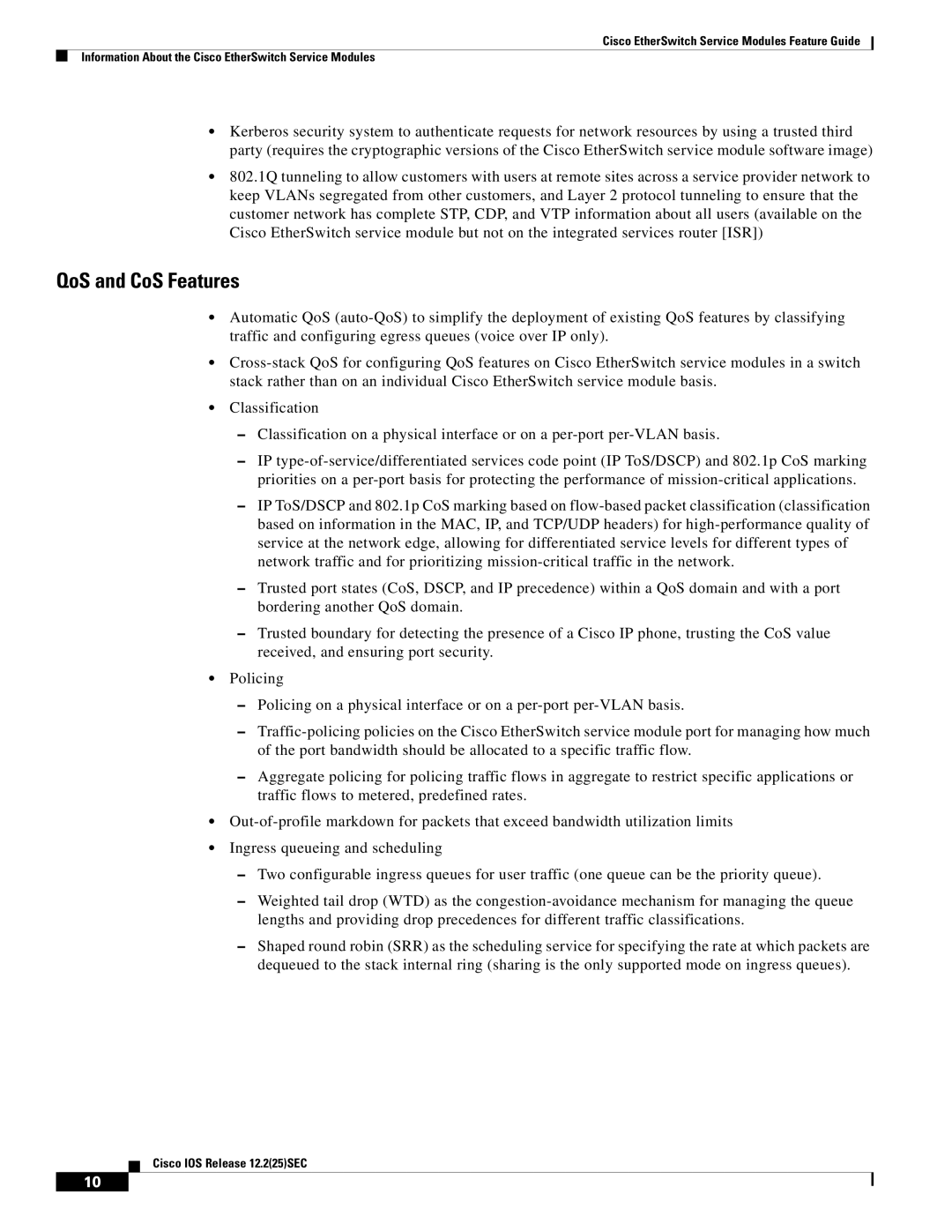 Cisco Systems NME-16ES-1G manual QoS and CoS Features 