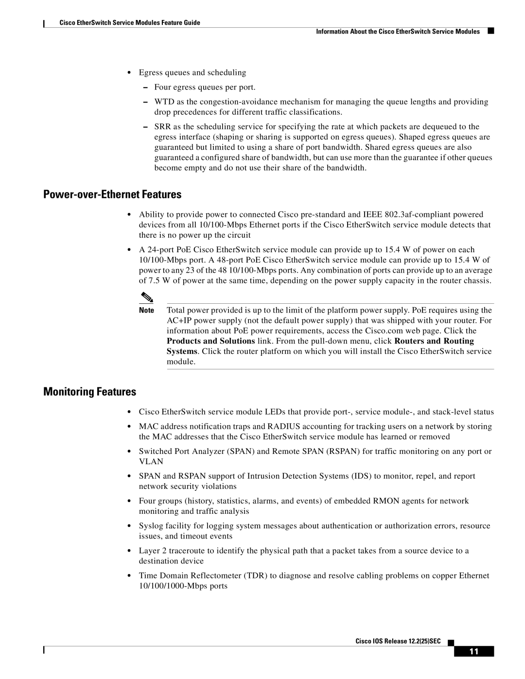 Cisco Systems NME-16ES-1G manual Power-over-Ethernet Features, Monitoring Features 