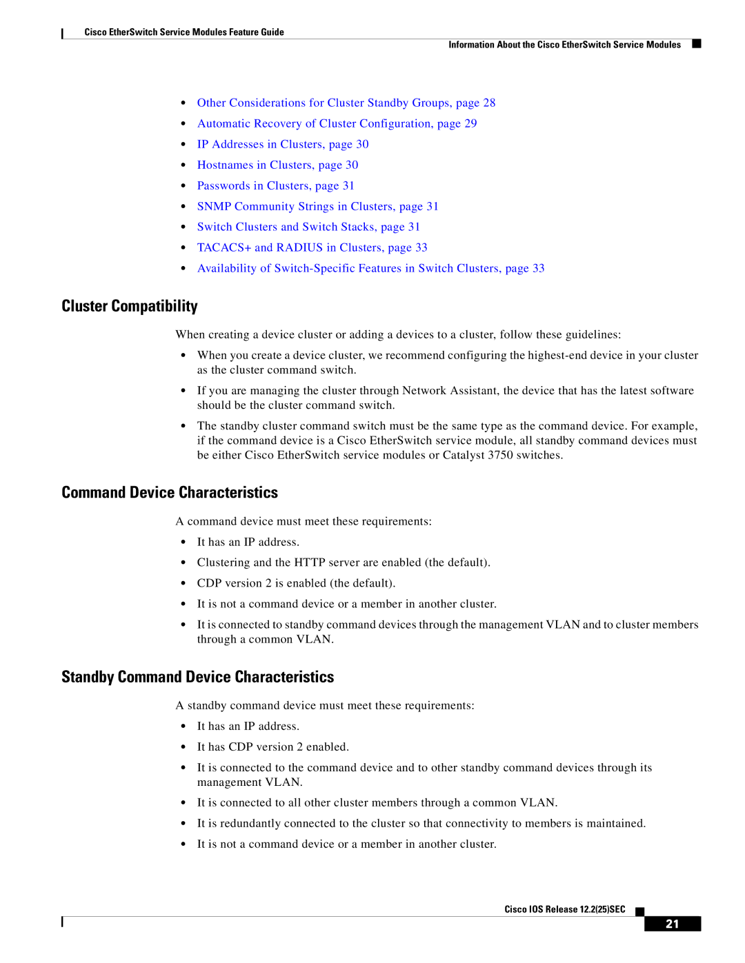 Cisco Systems NME-16ES-1G manual Cluster Compatibility, Standby Command Device Characteristics 