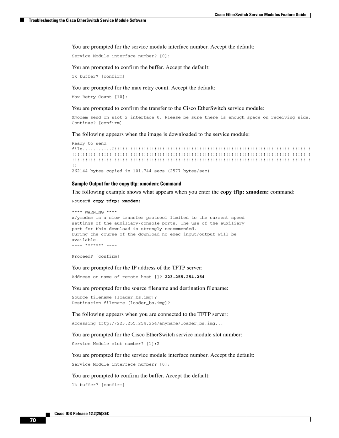 Cisco Systems NME-16ES-1G manual Sample Output for the copy tftp xmodem Command, Router# copy tftp xmodem 