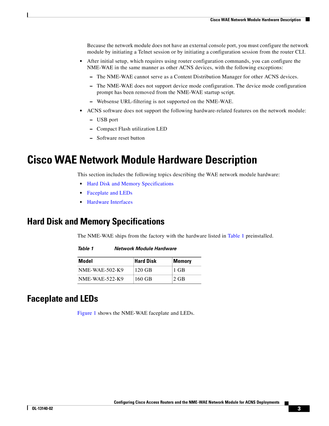 Cisco Systems NME-WAE manual Cisco WAE Network Module Hardware Description, Hard Disk and Memory Specifications 