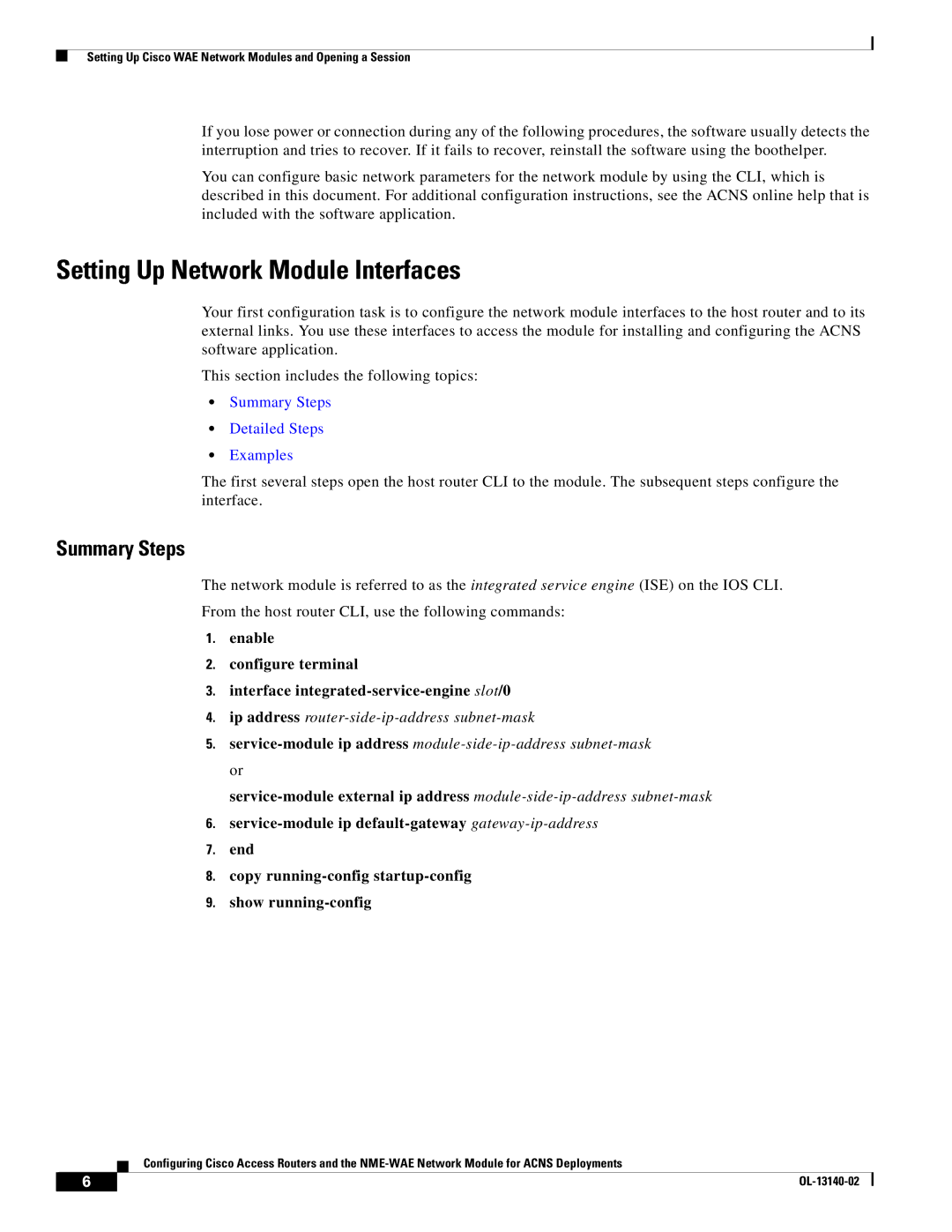 Cisco Systems NME-WAE manual Setting Up Network Module Interfaces, Summary Steps Detailed Steps Examples 