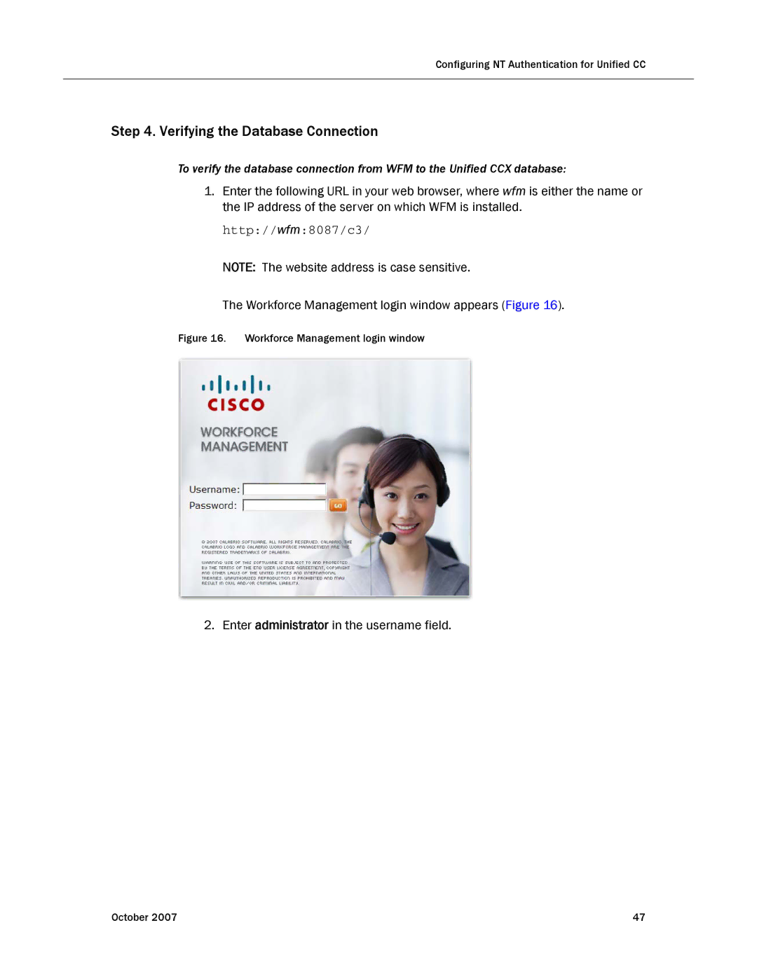 Cisco Systems none manual Verifying the Database Connection, Workforce Management login window 