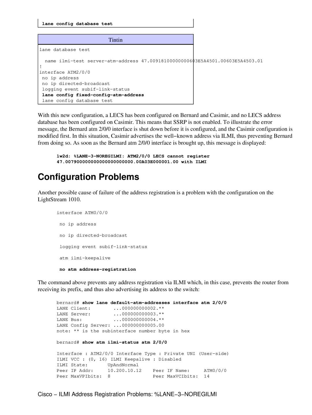 Cisco Systems NOREGILMI manual Configuration Problems, Lane config database test, No atm address−registration 