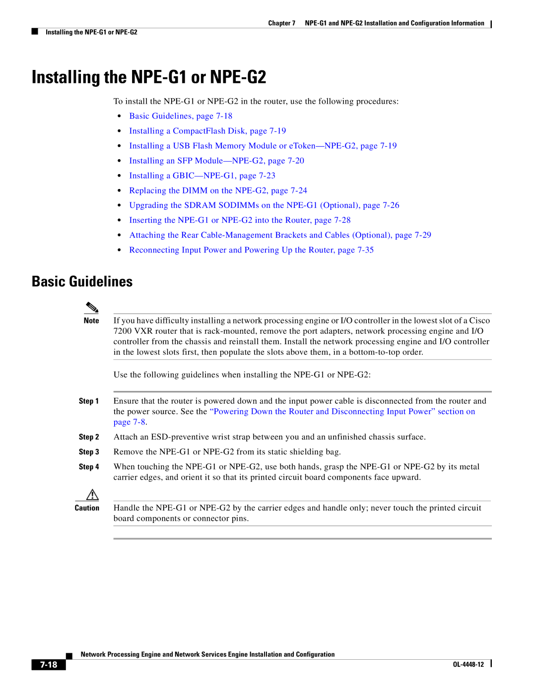 Cisco Systems NPE-225, NPE-175 manual Installing the NPE-G1 or NPE-G2, Basic Guidelines 