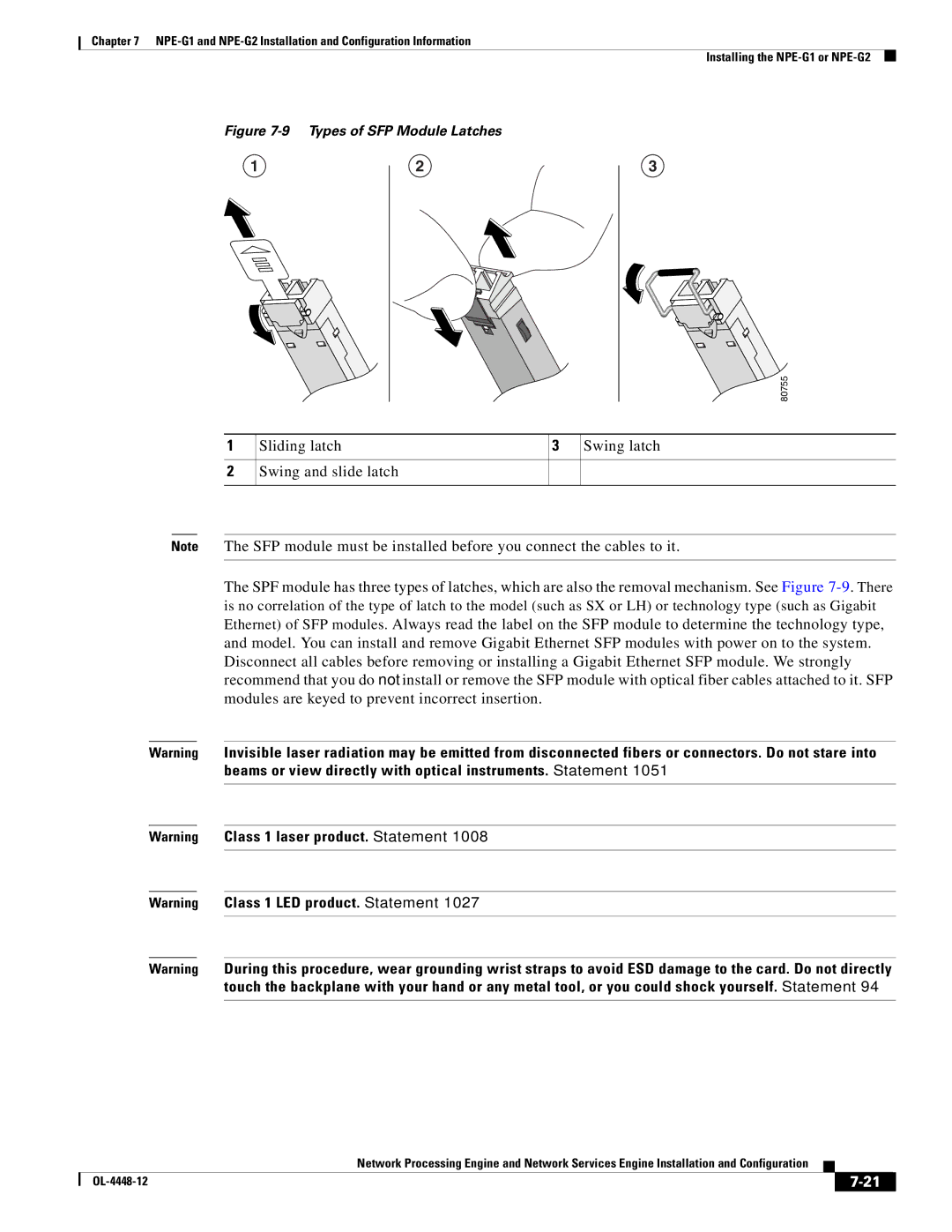 Cisco Systems NPE-175, NPE-225 manual Types of SFP Module Latches 