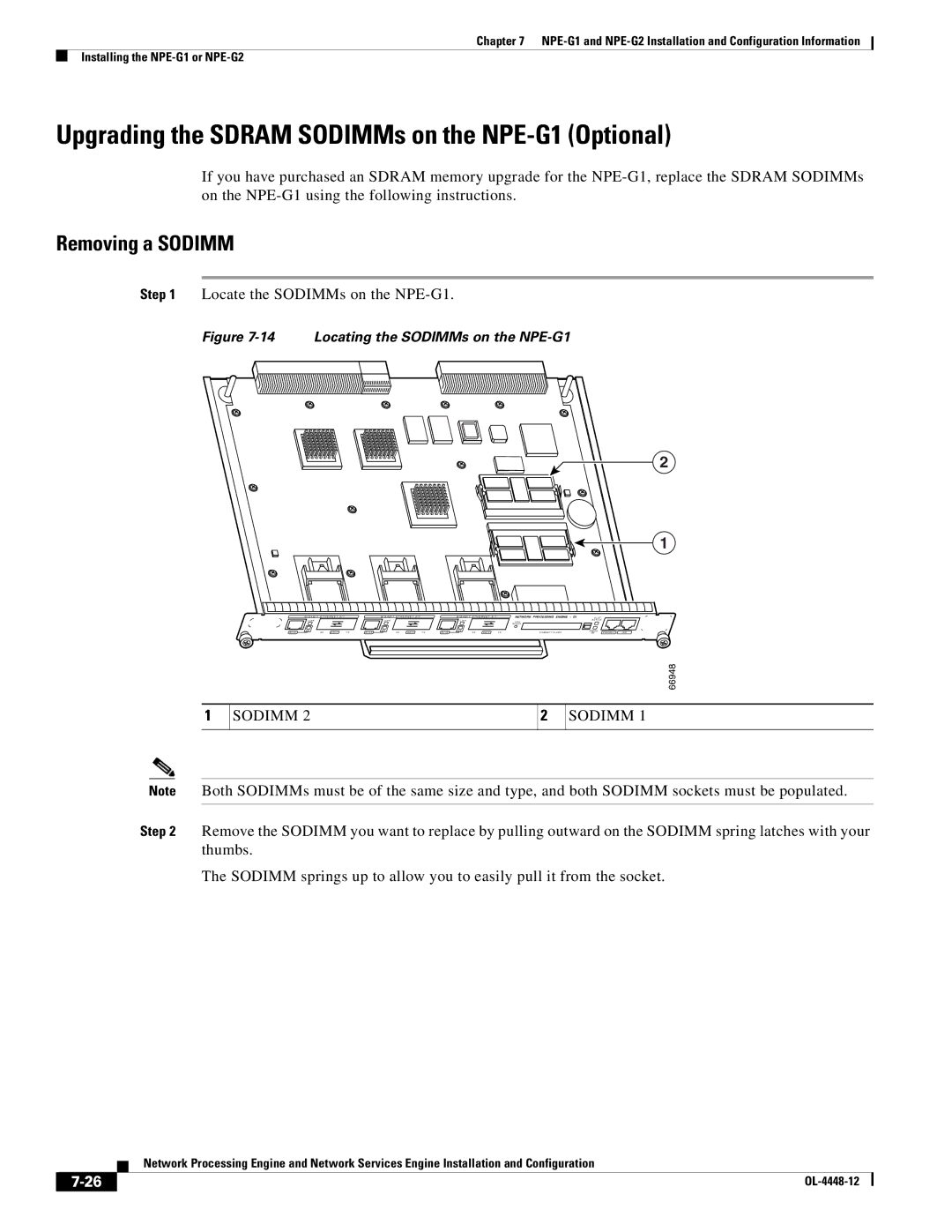 Cisco Systems NPE-225, NPE-175 manual Upgrading the Sdram SODIMMs on the NPE-G1 Optional, Removing a Sodimm 