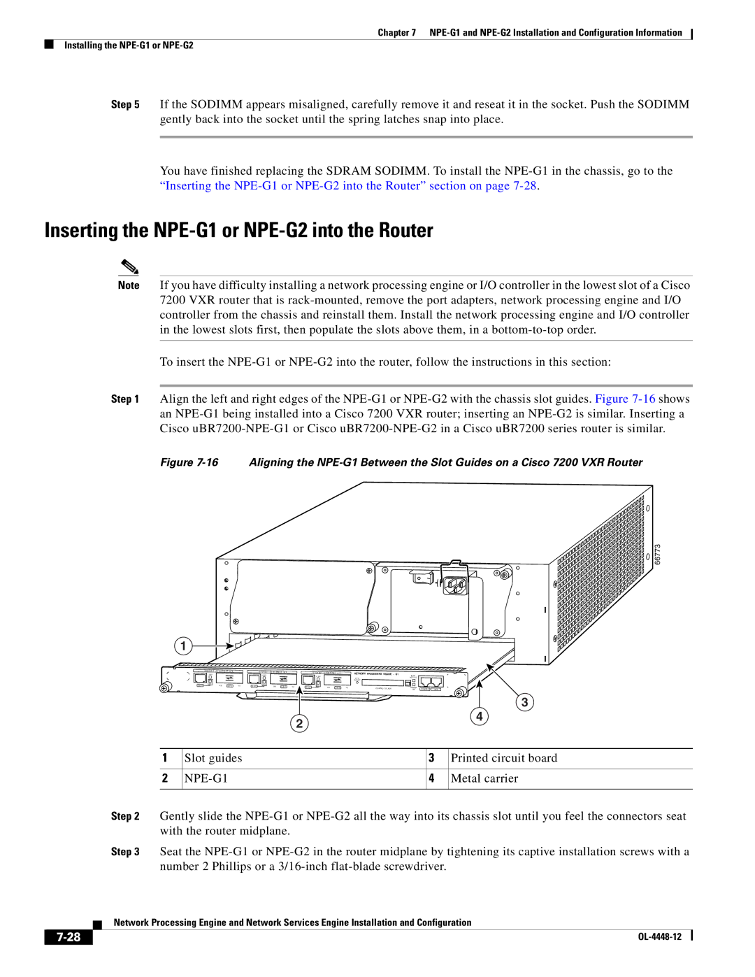 Cisco Systems NPE-225 Inserting the NPE-G1 or NPE-G2 into the Router, Slot guides Printed circuit board, Metal carrier 