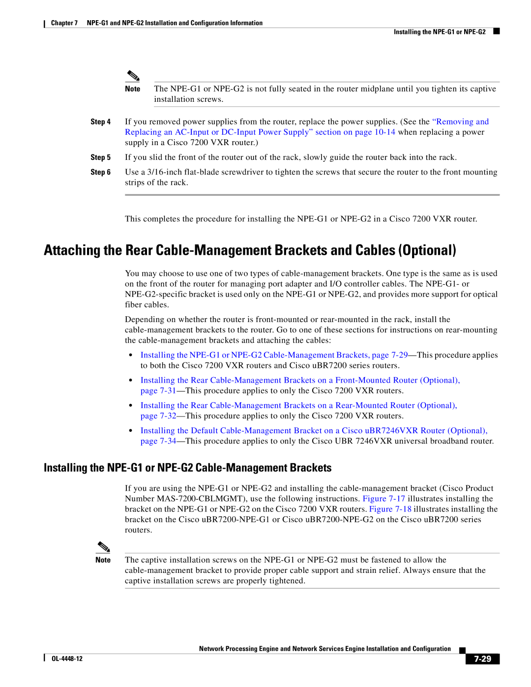 Cisco Systems NPE-175, NPE-225 manual Installing the NPE-G1 or NPE-G2 Cable-Management Brackets 