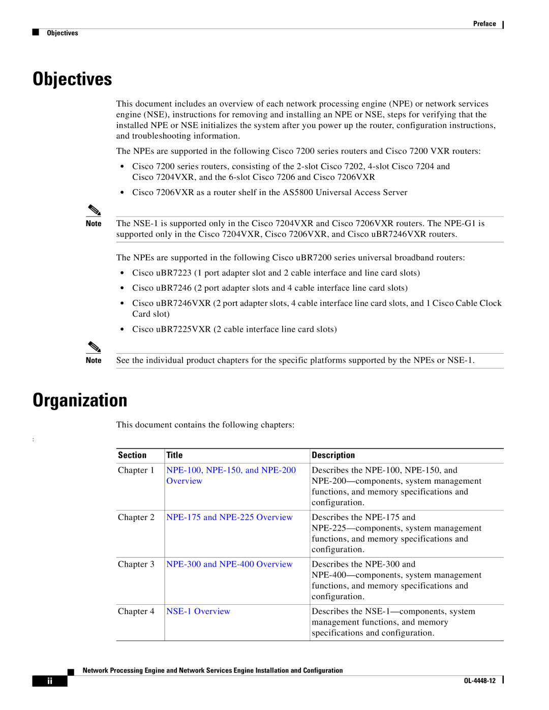 Cisco Systems NPE-225, NPE-175 manual Objectives, Organization, Section Title Description 