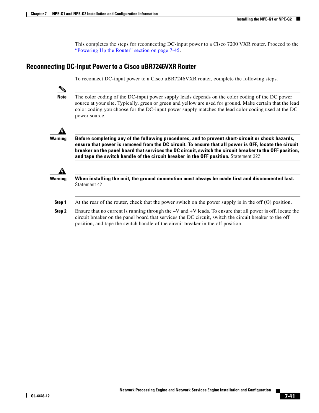 Cisco Systems NPE-175, NPE-225 manual Reconnecting DC-Input Power to a Cisco uBR7246VXR Router 