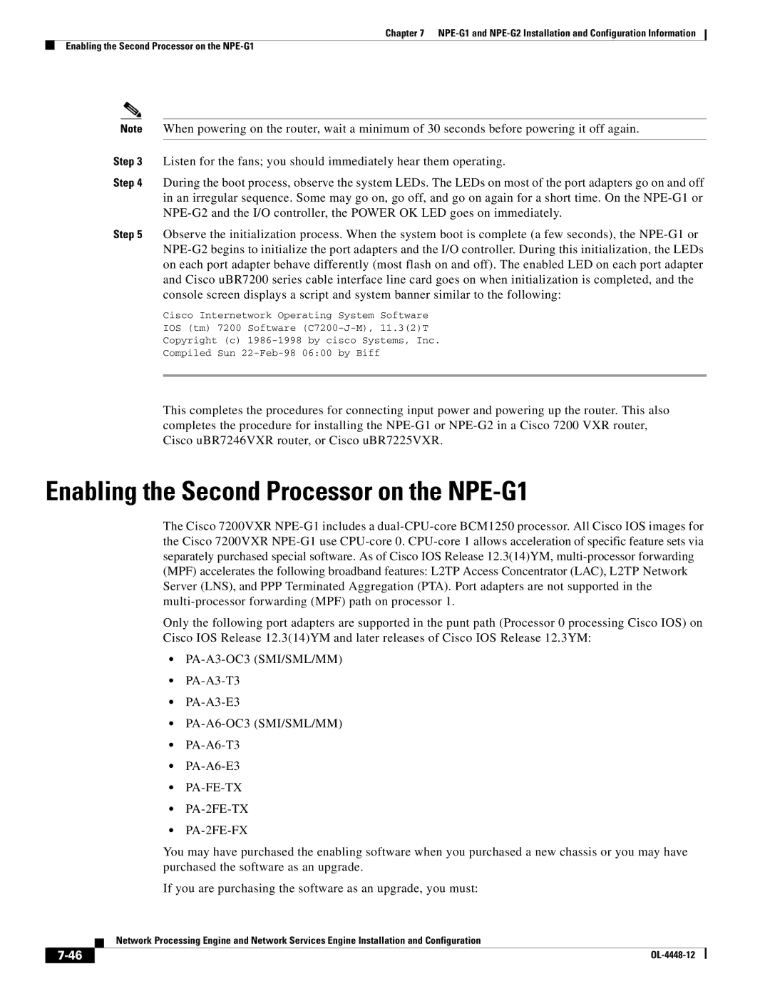 Cisco Systems NPE-225, NPE-175 Enabling the Second Processor on the NPE-G1, PA-A3-OC3 SMI/SML/MM, PA-A6-OC3 SMI/SML/MM 