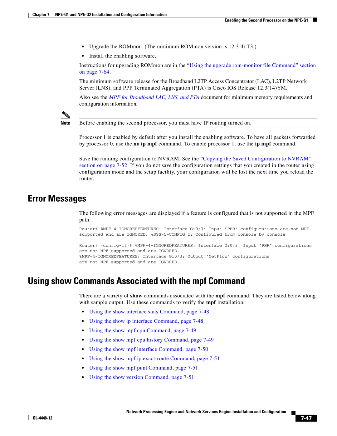 Cisco Systems NPE-175, NPE-225 manual Error Messages, Using show Commands Associated with the mpf Command 