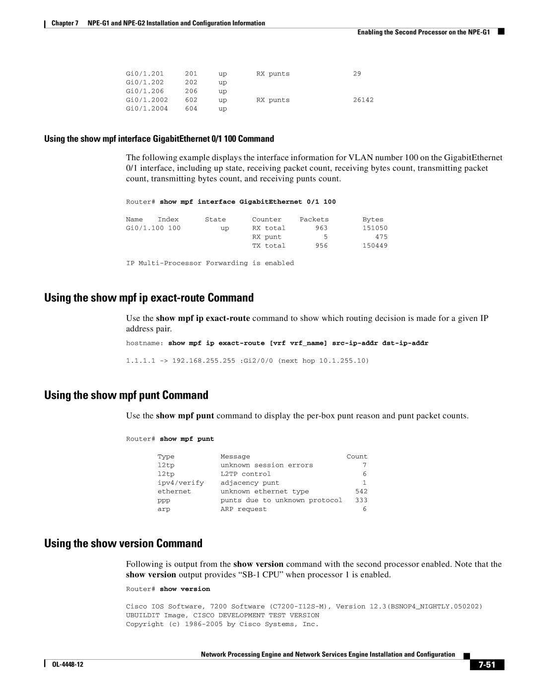 Cisco Systems NPE-175, NPE-225 manual Using the show mpf ip exact-route Command, Using the show mpf punt Command 