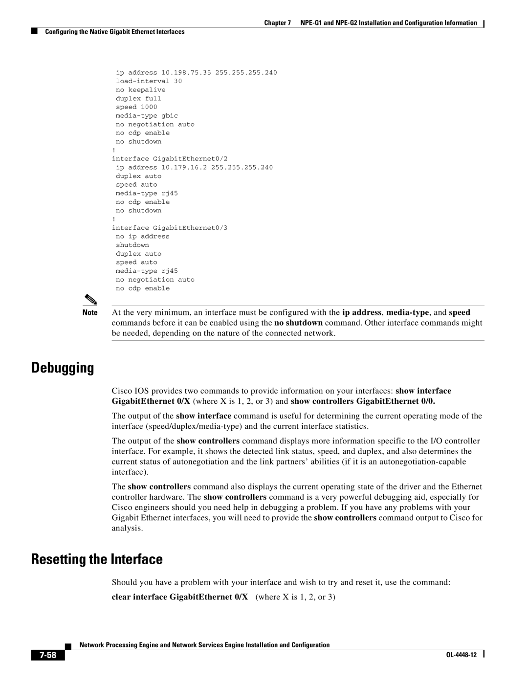 Cisco Systems NPE-225, NPE-175 manual Debugging, Resetting the Interface 