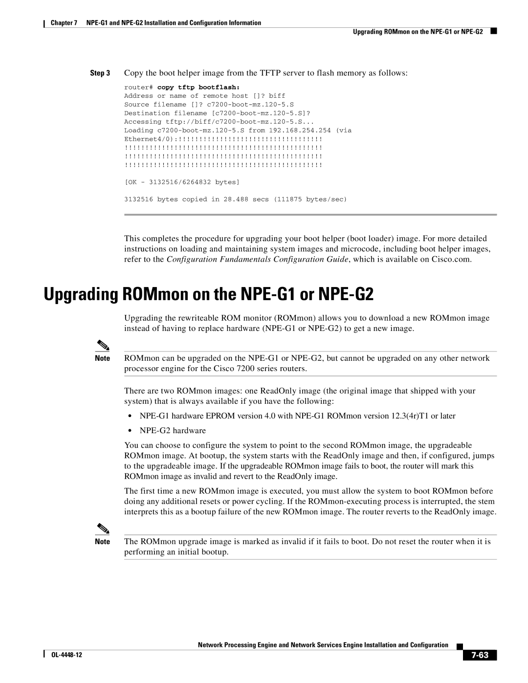 Cisco Systems NPE-175, NPE-225 manual Upgrading ROMmon on the NPE-G1 or NPE-G2, Router# copy tftp bootflash 