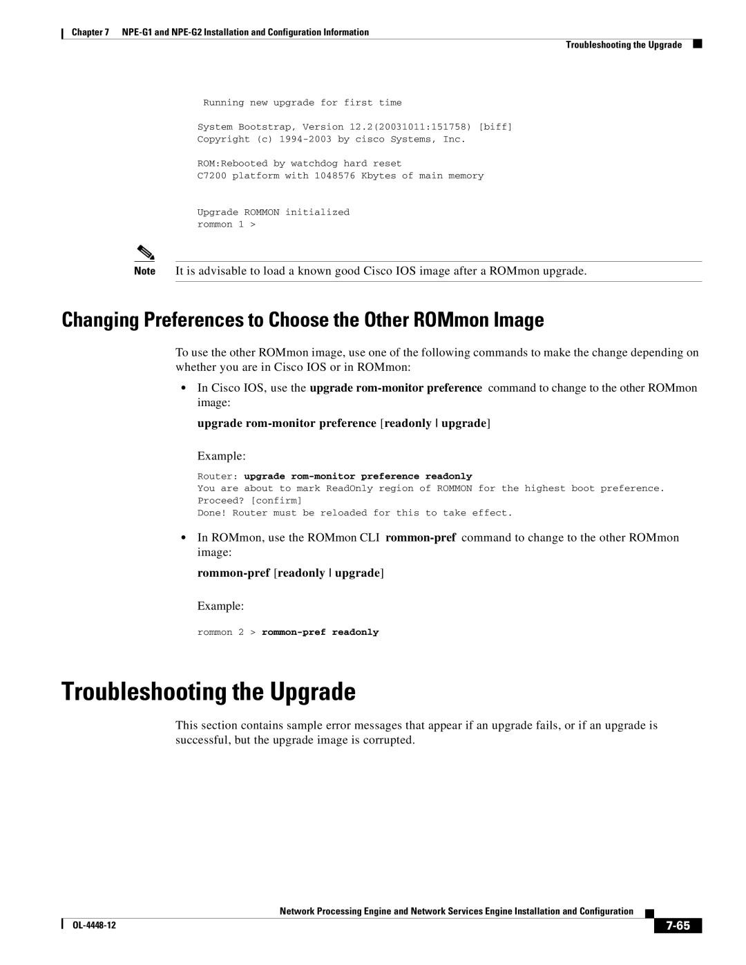 Cisco Systems NPE-175, NPE-225 manual Troubleshooting the Upgrade, Changing Preferences to Choose the Other ROMmon Image 