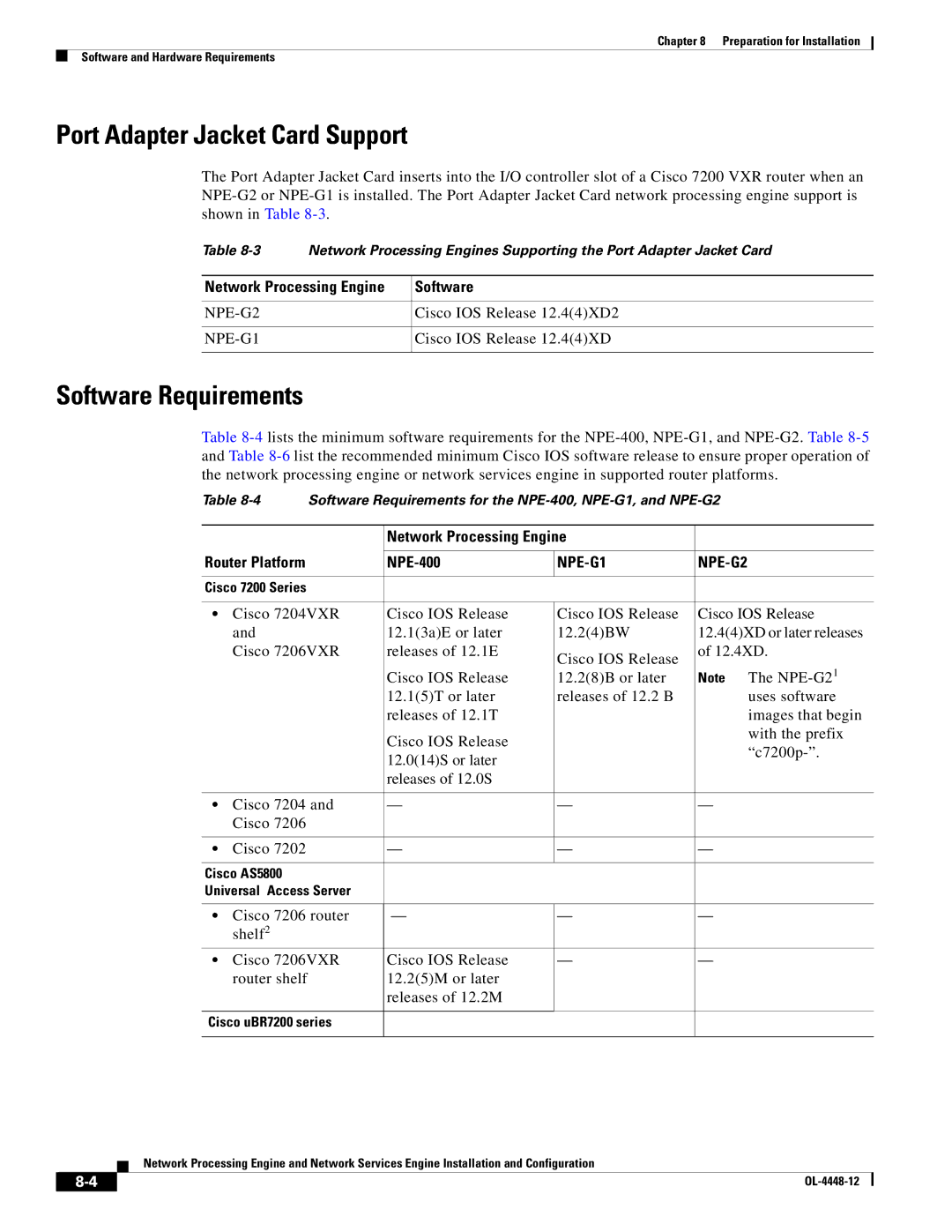 Cisco Systems NPE-225, NPE-175 Port Adapter Jacket Card Support, Software Requirements, Network Processing Engine Software 