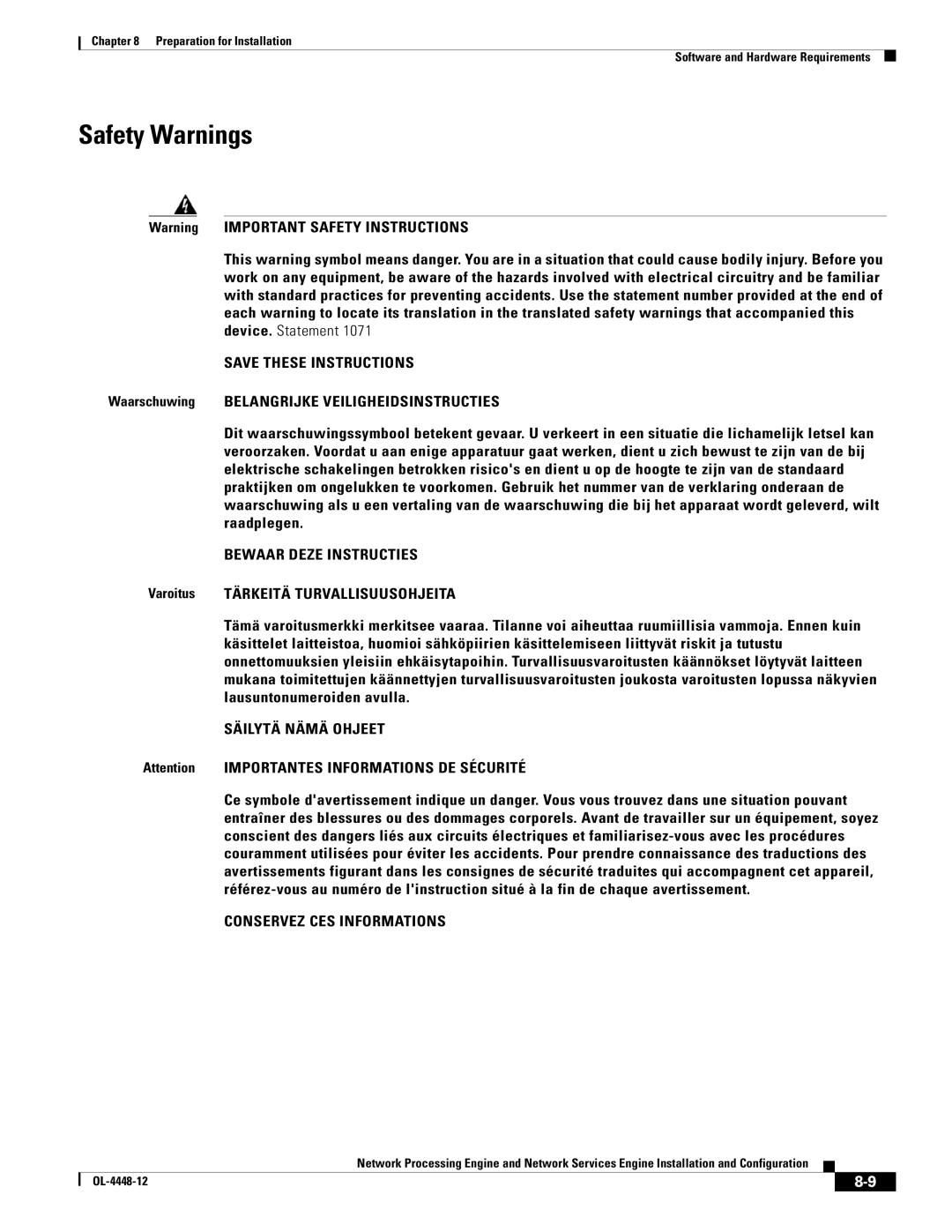 Cisco Systems NPE-175, NPE-225 manual Safety Warnings, Bewaar Deze Instructies 