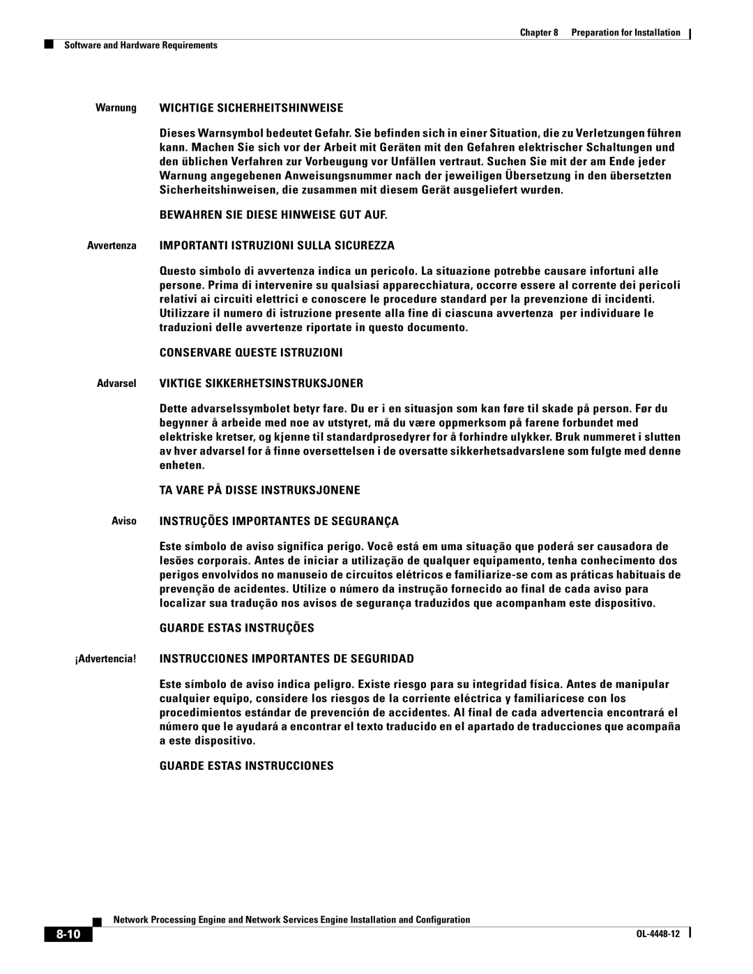 Cisco Systems NPE-225, NPE-175 manual Warnung Wichtige Sicherheitshinweise, Avvertenza Importanti Istruzioni Sulla Sicurezza 