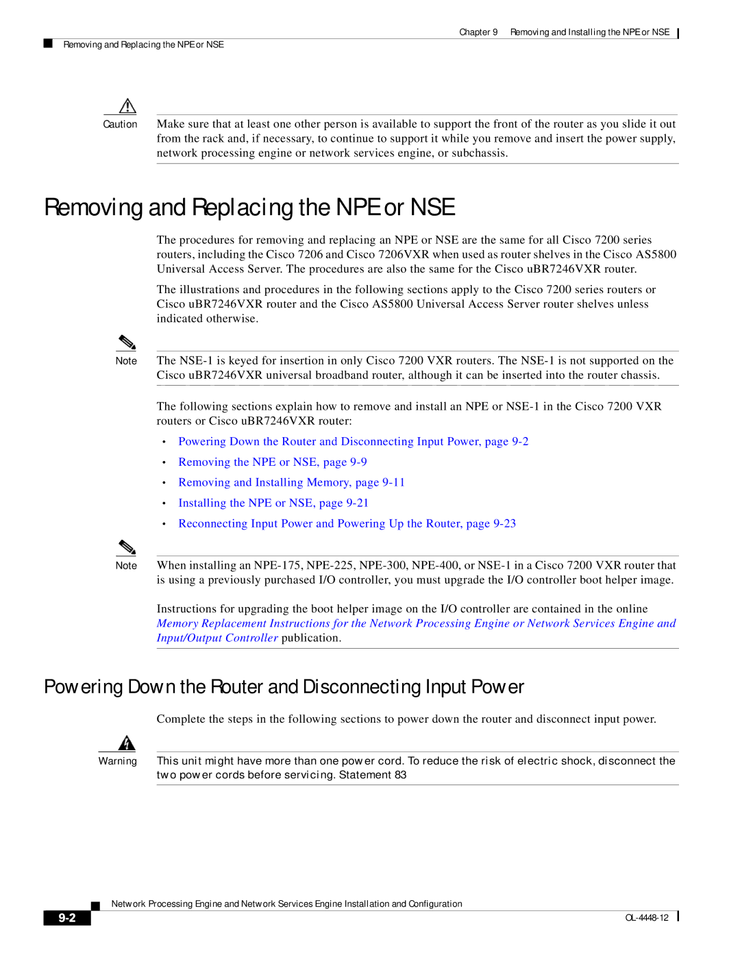 Cisco Systems NPE-225 manual Removing and Replacing the NPE or NSE, Powering Down the Router and Disconnecting Input Power 