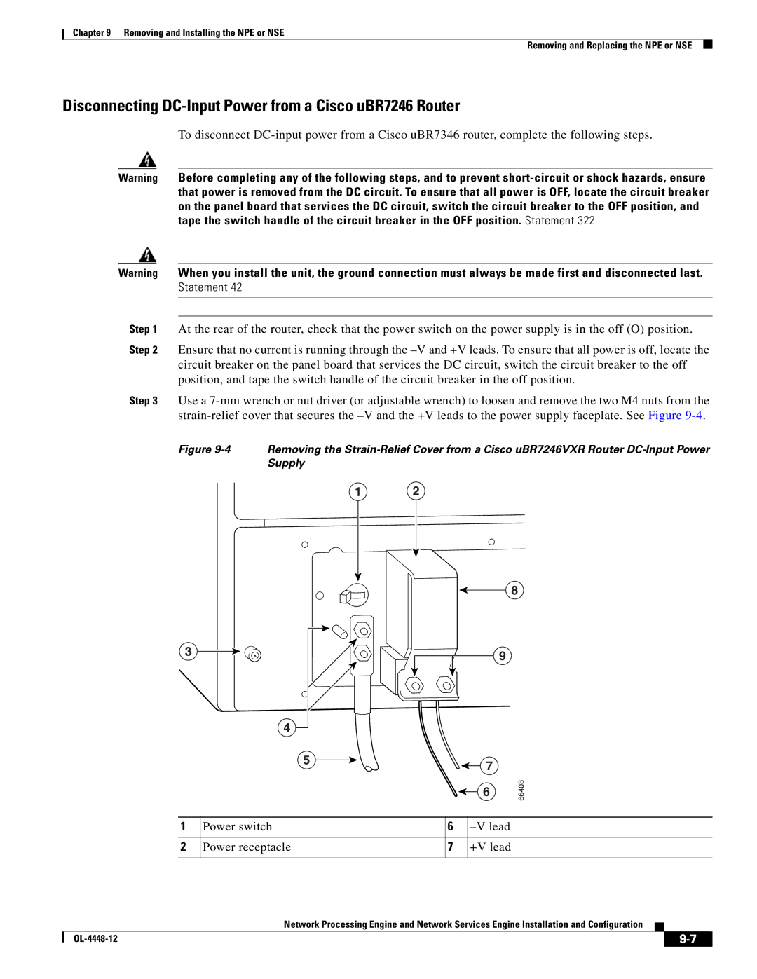 Cisco Systems NPE-175 Disconnecting DC-Input Power from a Cisco uBR7246 Router, Power switch Lead Power receptacle +V lead 