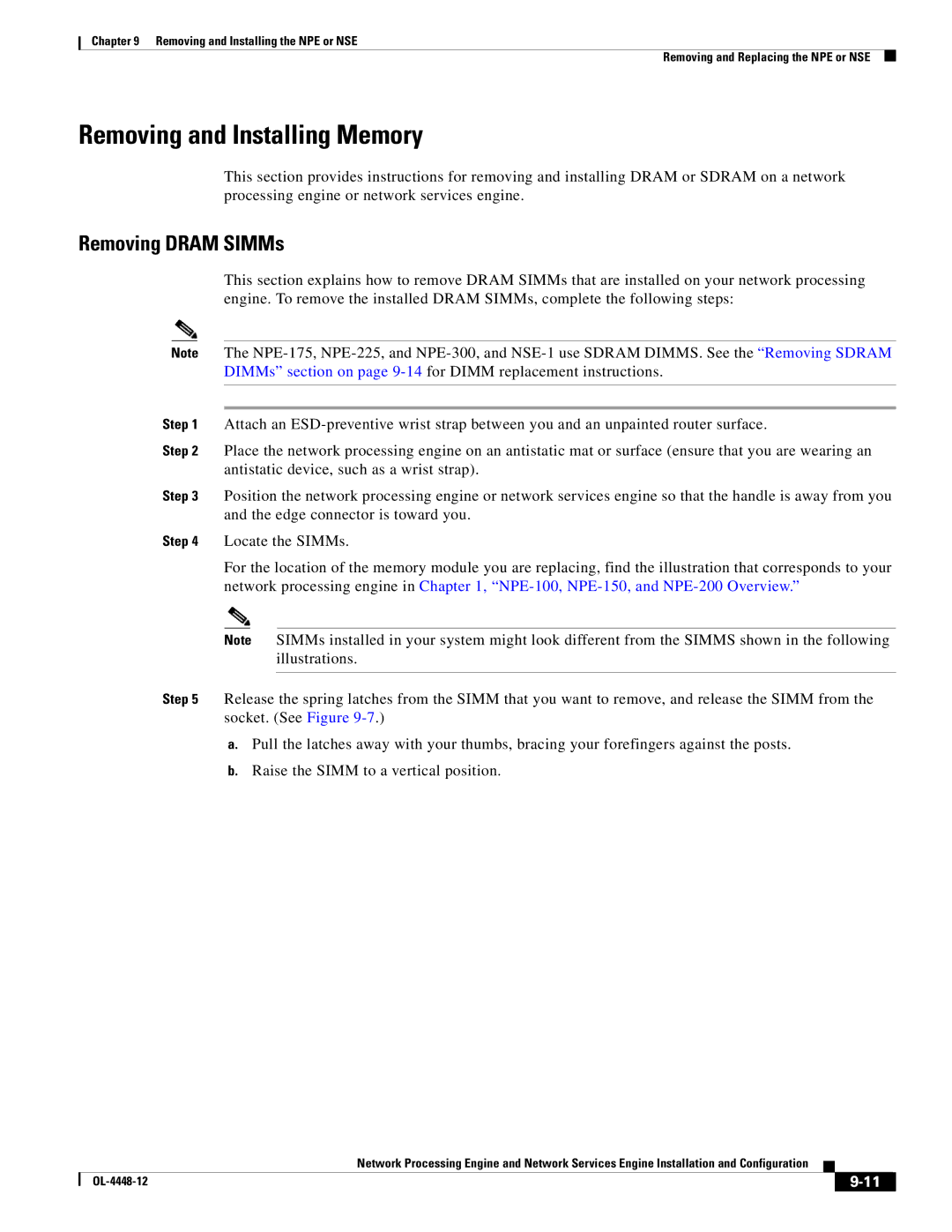 Cisco Systems NPE-175, NPE-225 manual Removing and Installing Memory, Removing Dram SIMMs 