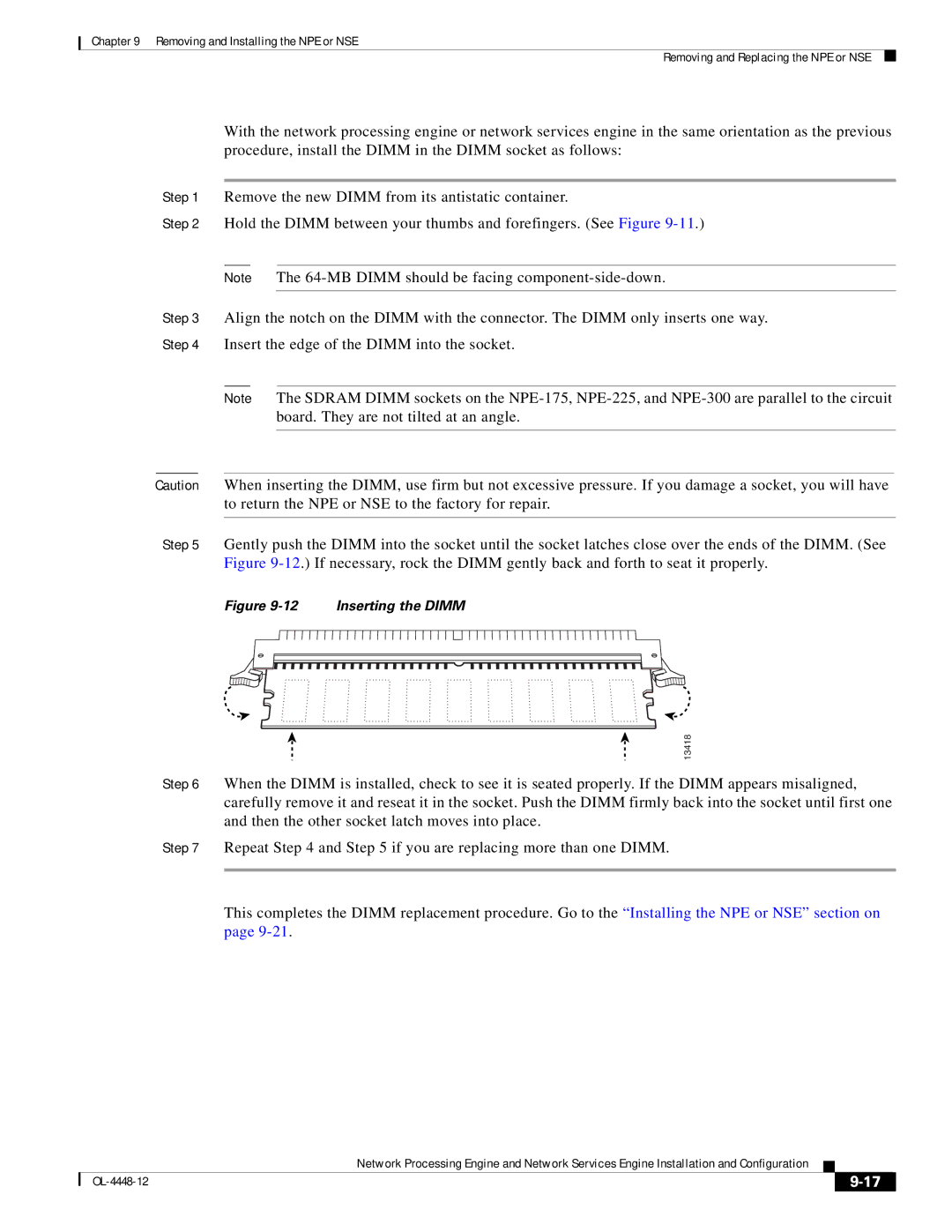 Cisco Systems NPE-175, NPE-225 manual Inserting the Dimm 