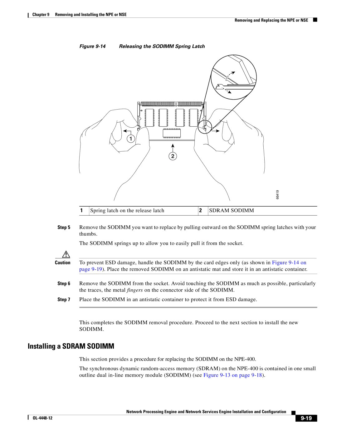 Cisco Systems NPE-175, NPE-225 manual Spring latch on the release latch, Sdram Sodimm 