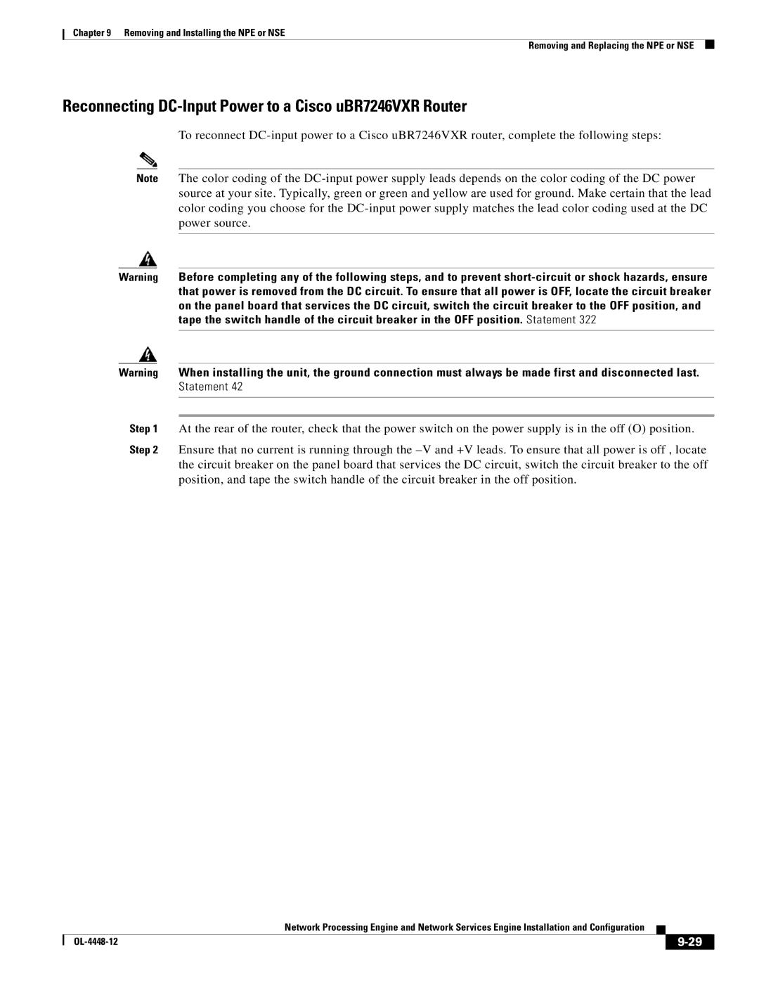 Cisco Systems NPE-175, NPE-225 manual Reconnecting DC-Input Power to a Cisco uBR7246VXR Router 