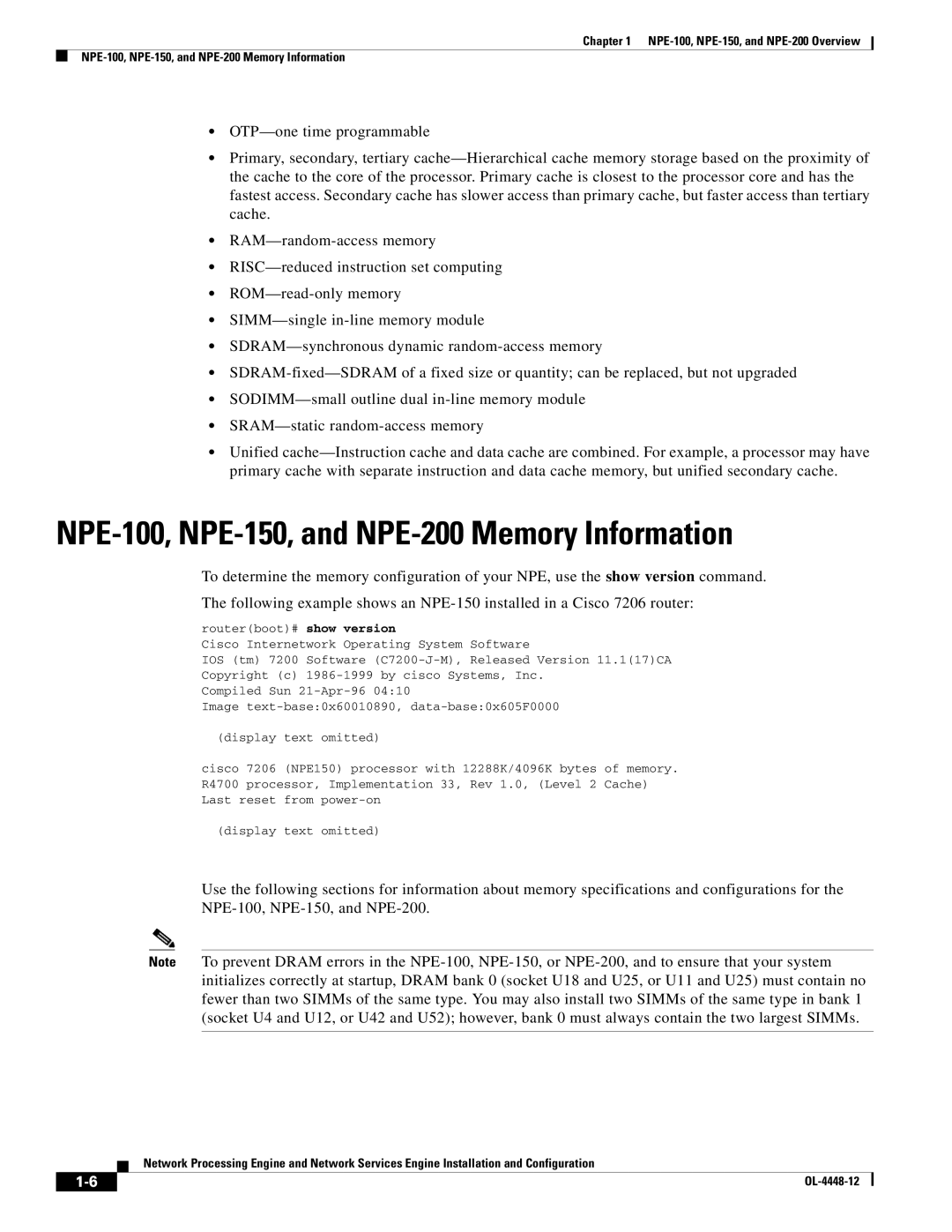 Cisco Systems NPE-225, NPE-175 manual NPE-100, NPE-150, and NPE-200 Memory Information 