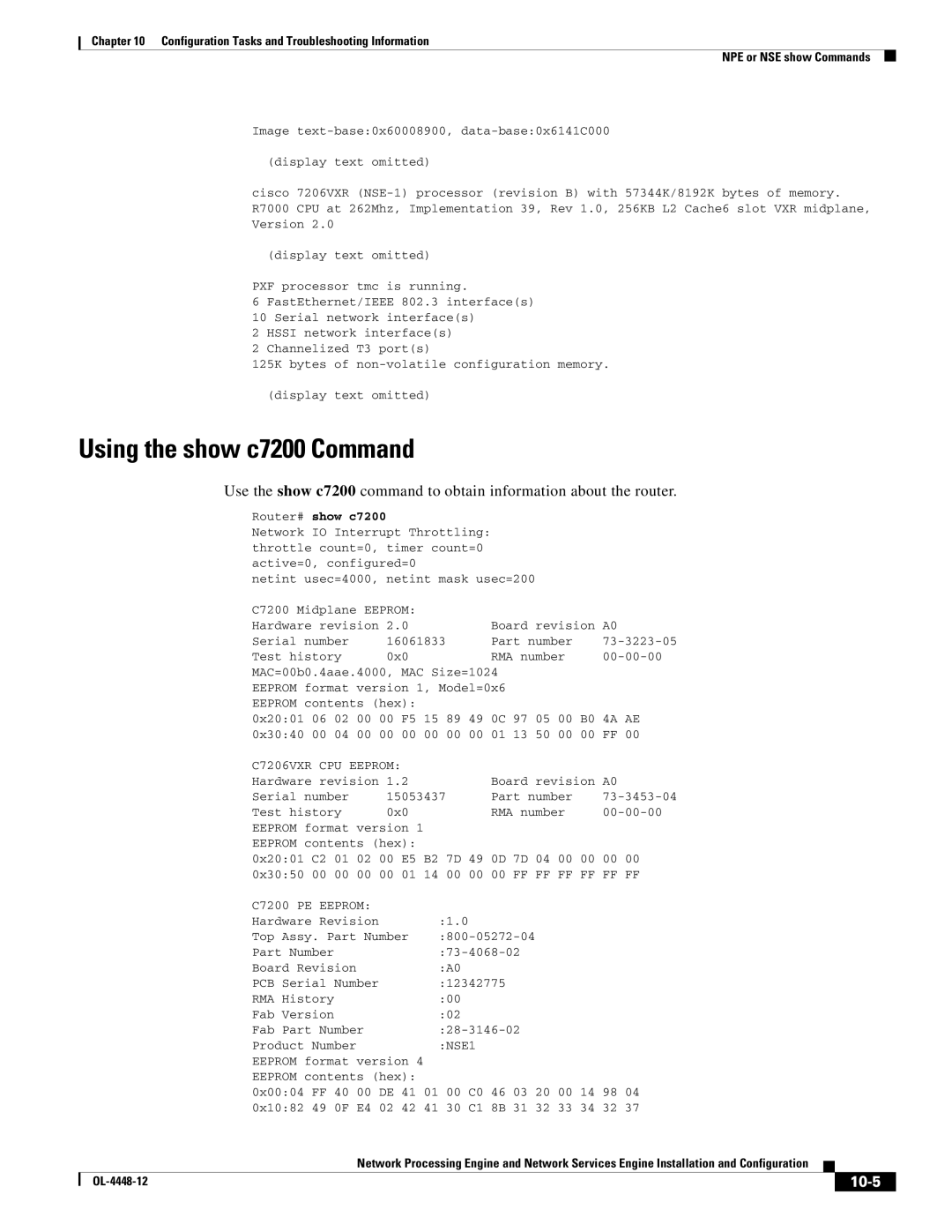 Cisco Systems NPE-175, NPE-225 manual Using the show c7200 Command, 10-5, Router# show c7200 