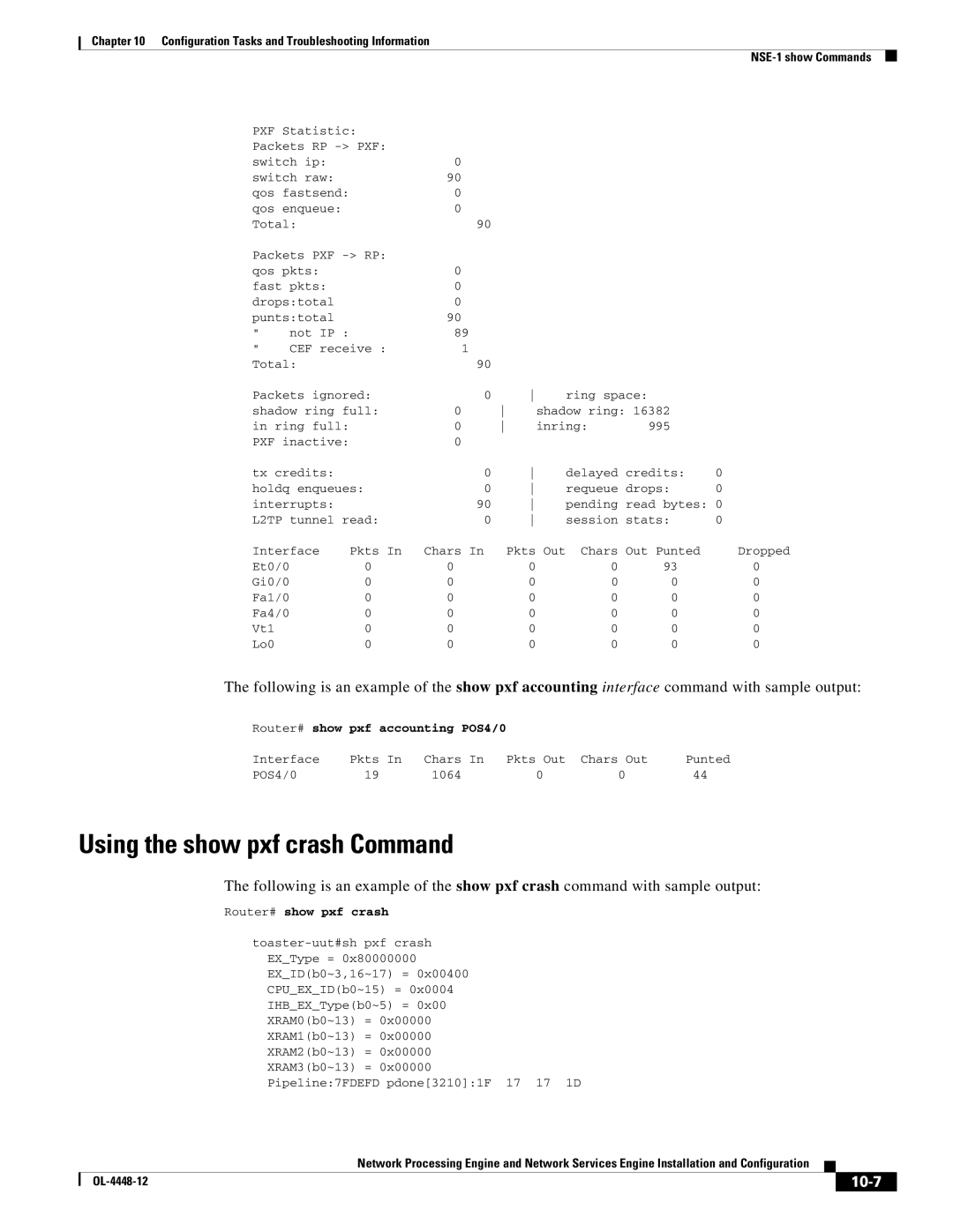 Cisco Systems NPE-175, NPE-225 manual Using the show pxf crash Command, 10-7, Router# show pxf crash 