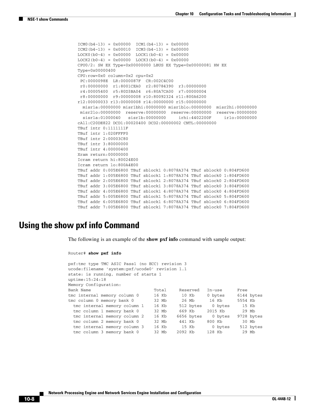 Cisco Systems NPE-225, NPE-175 manual Using the show pxf info Command, 10-8, Pxf info 