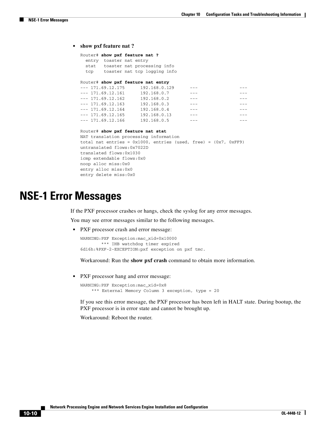 Cisco Systems NPE-225, NPE-175 manual NSE-1 Error Messages, 10-10, Feature Nat ?, Router# show pxf feature nat entry 