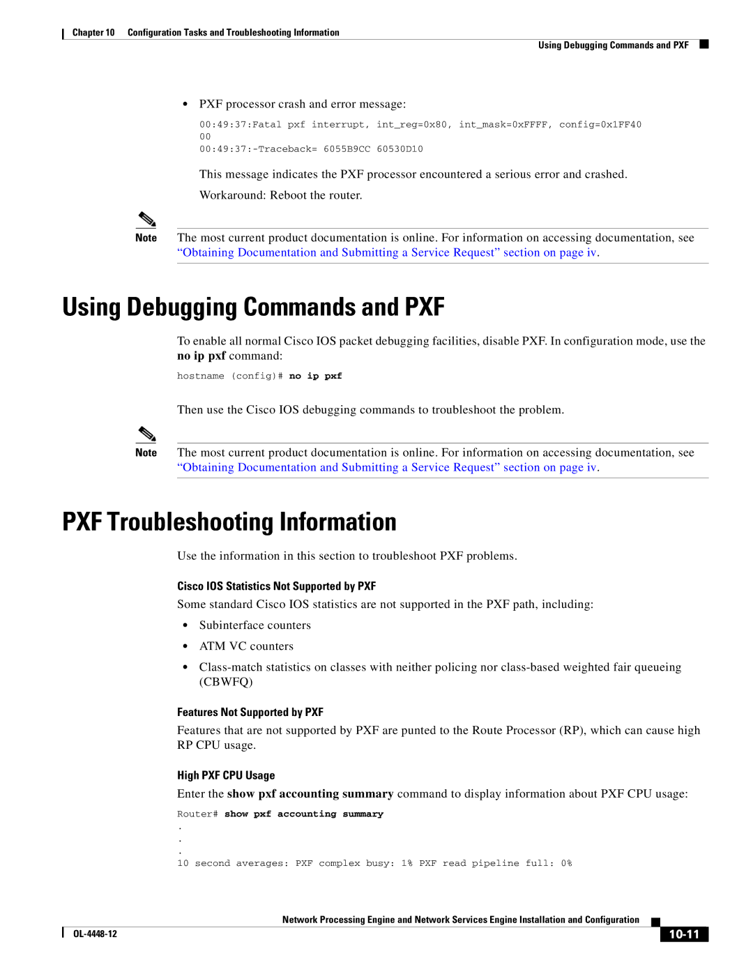 Cisco Systems NPE-175, NPE-225 manual Using Debugging Commands and PXF, PXF Troubleshooting Information, 10-11 