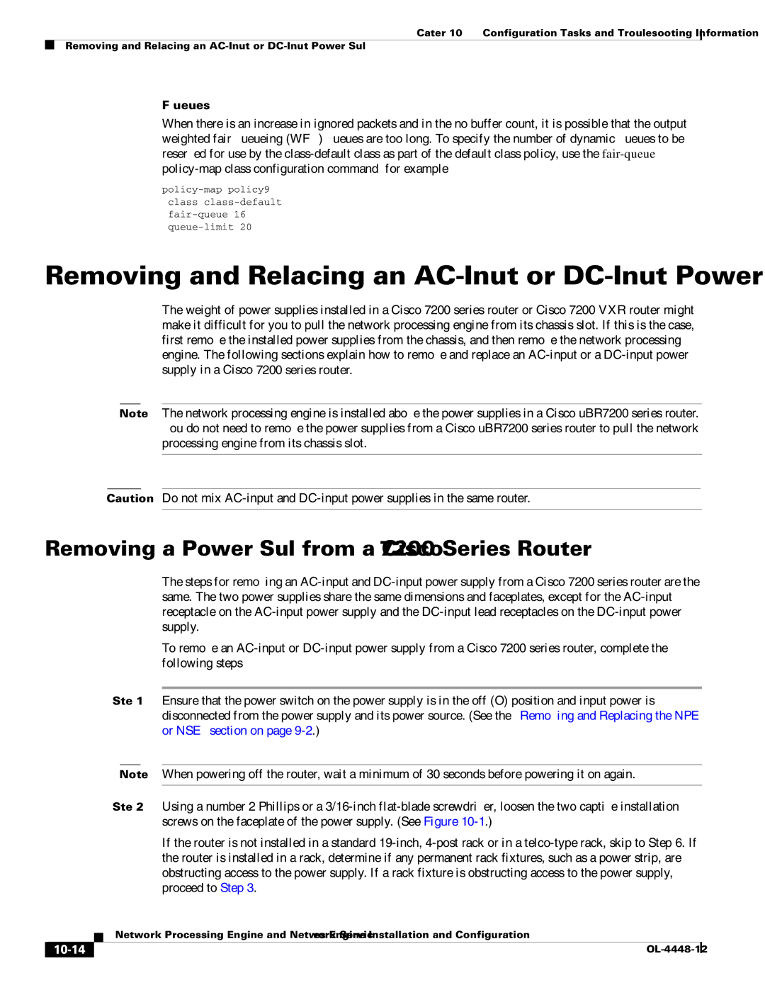 Cisco Systems NPE-225, NPE-175 manual Removing a Power Supply from a Cisco 7200 Series Router, WFQ Queues, 10-14 