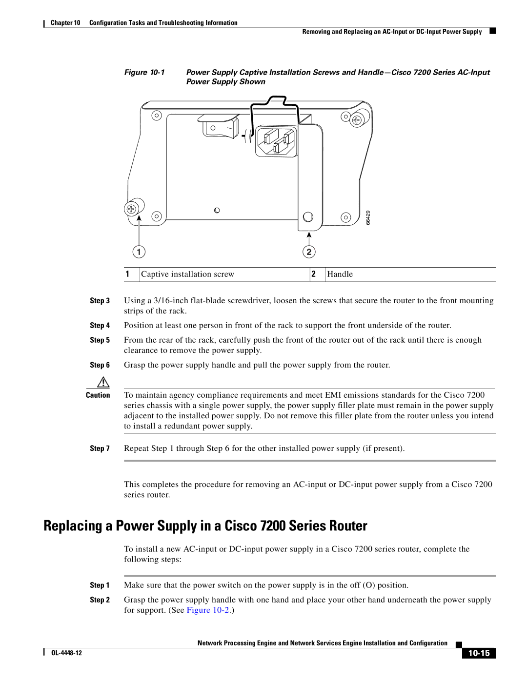 Cisco Systems NPE-175, NPE-225 manual Replacing a Power Supply in a Cisco 7200 Series Router, 10-15 