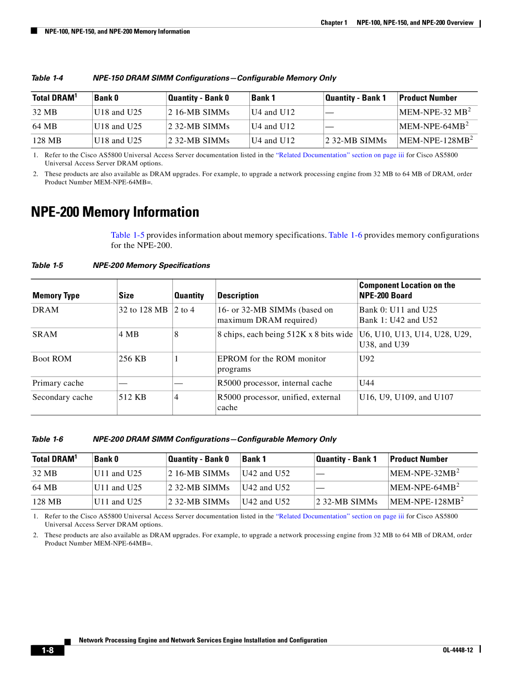 Cisco Systems NPE-225, NPE-175 manual NPE-200 Memory Information, MEM-NPE-32 MB2, Component Location on 